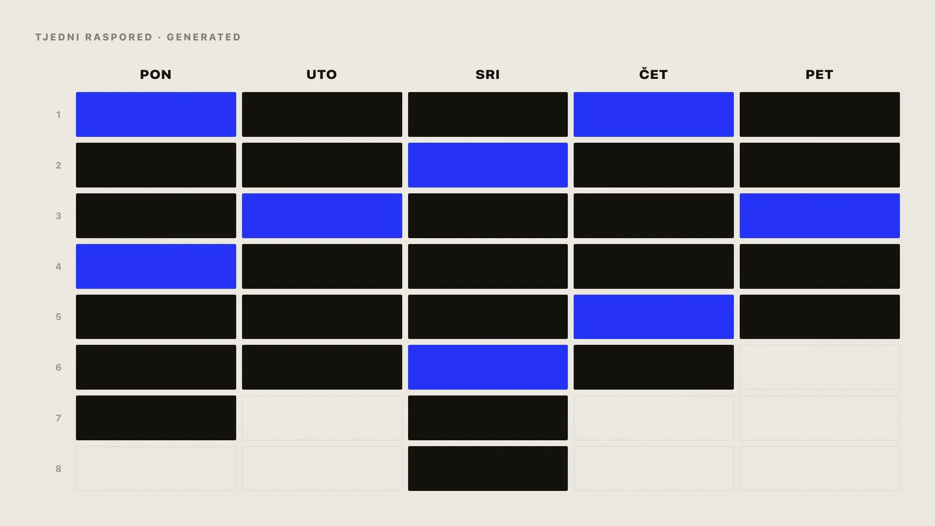 A generated weekly school timetable — five days of lessons placed with no gaps