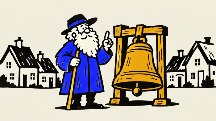 The village bell-ringer beside a big bell, one finger raised.
