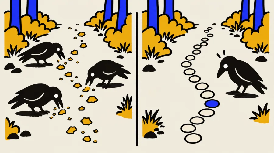 Left: a breadcrumb trail, eaten by crows. Right: a pebble trail, intact, one pebble blue.
