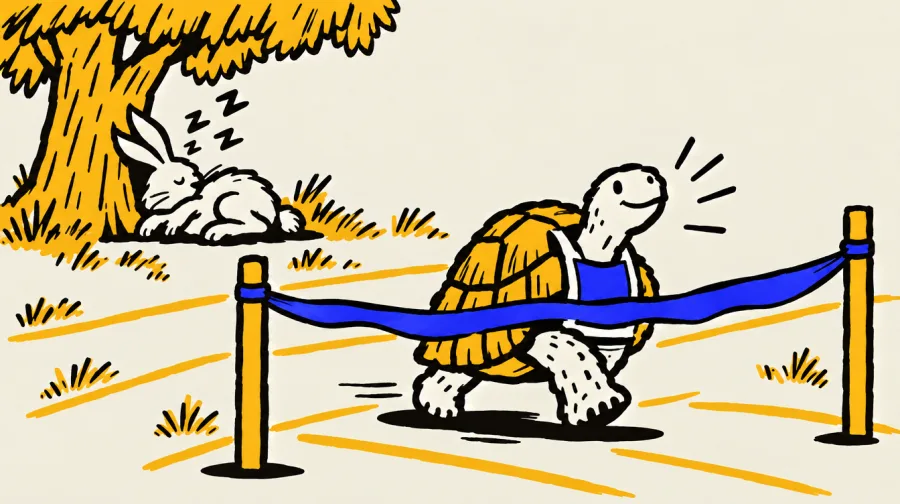 A hare asleep against a tree while a tortoise in a blue bib crosses the finish line.