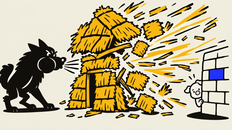 A wolf blowing a straw house apart while a pig peeks out from behind a brick wall.