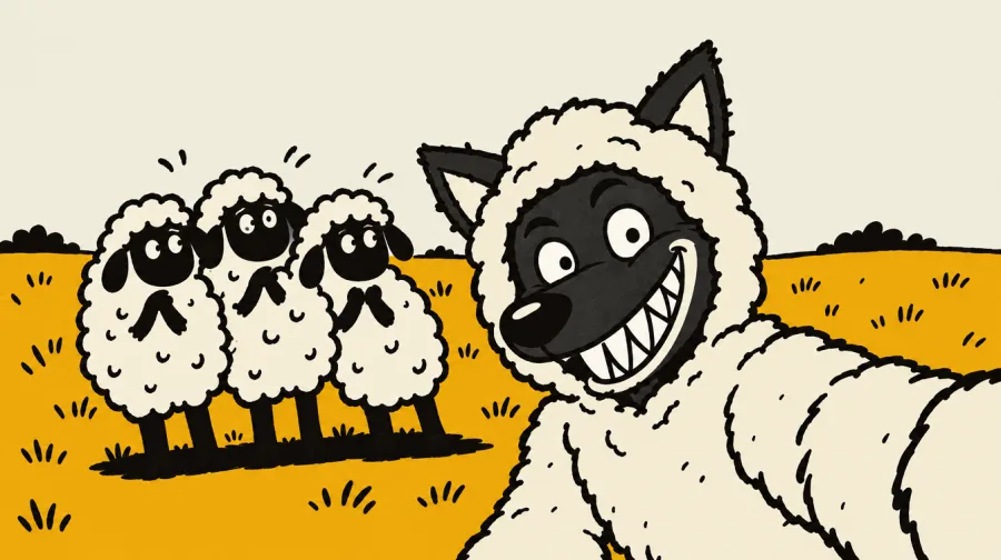 A wolf in a sheep's fleece taking a grinning selfie, three nervous sheep behind him.